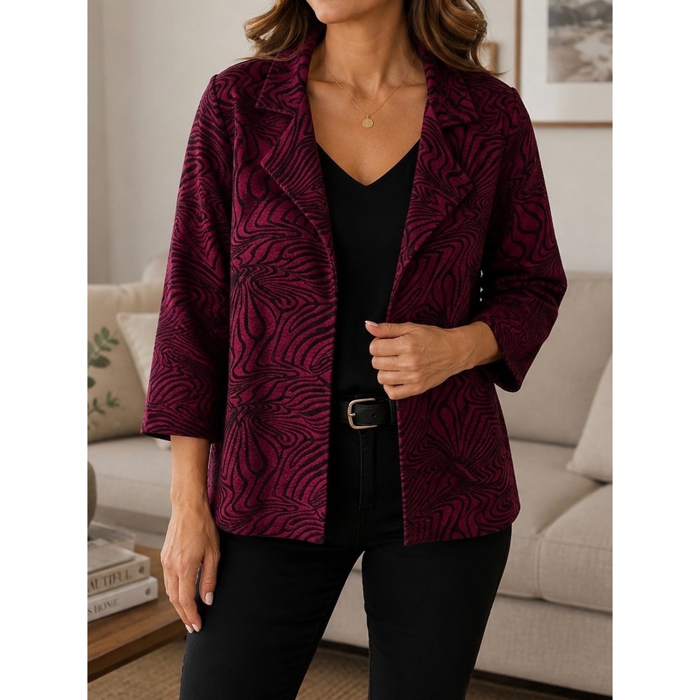 Chico's Easywear Burgundy Black Swirl Textured Open Front Jacket Size 0 XS S
